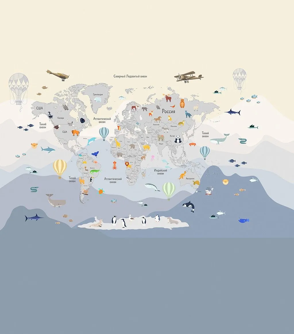 Фотообои в интерьере в детскую вертикальная карта с животными   14-717 фото