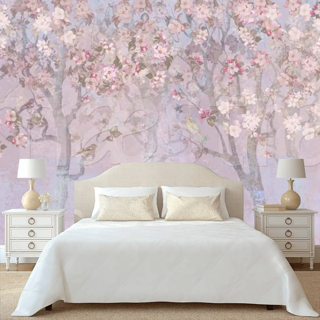 Фотообои в интерьере сад с цветущими деревьями в нежных тонах  7-533 фото