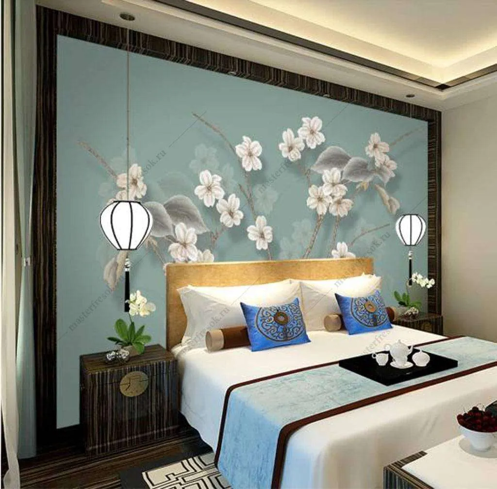 Фотообои в интерьере белые цветы сакуры  15-934 фото