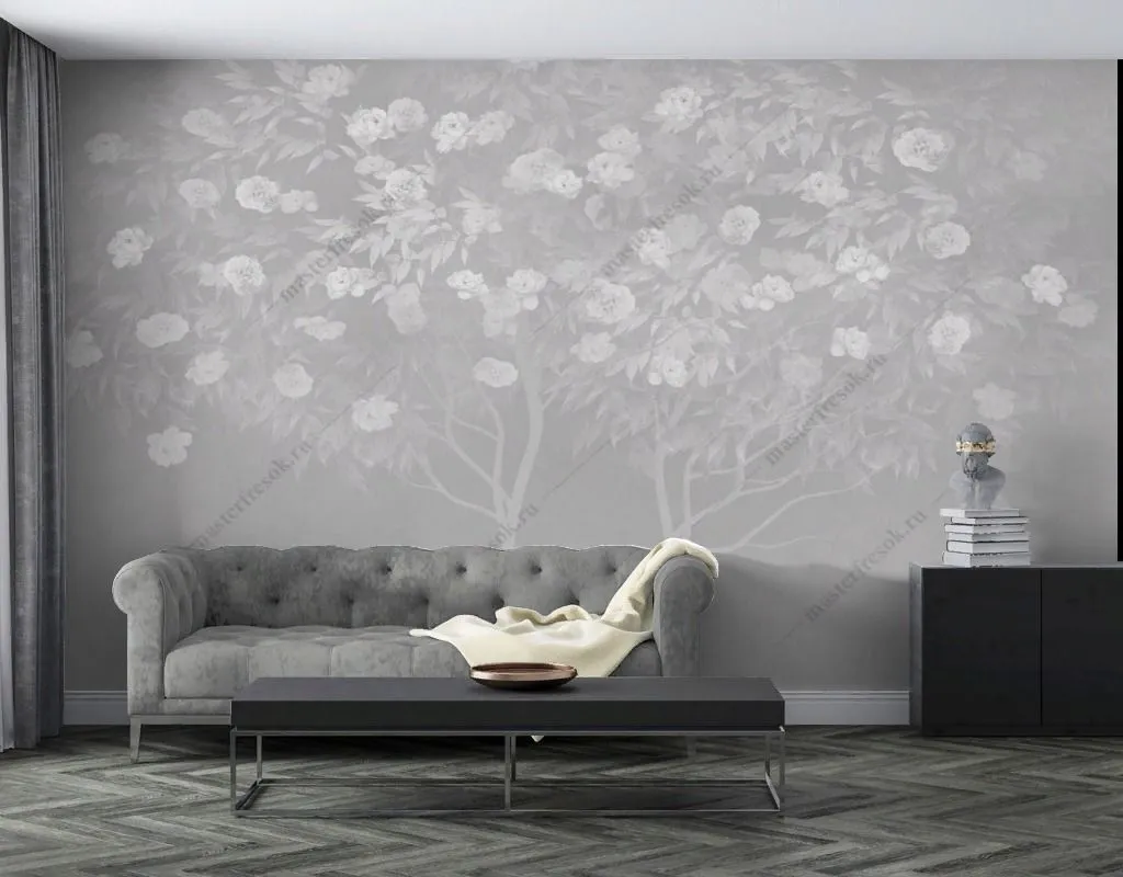 Фотообои в интерьере дерево цветущее на сером фоне  13-586 фото