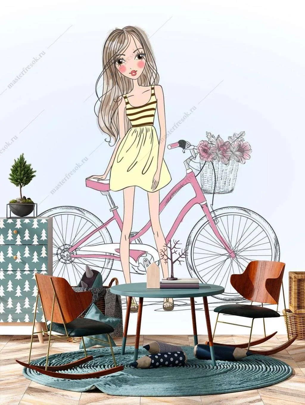 Фотообои в интерьере модница на велосипеде  12-1250 фото