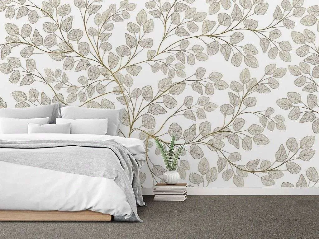Фотообои в интерьере в спальню листочки на белом фоне  9-1980 фото