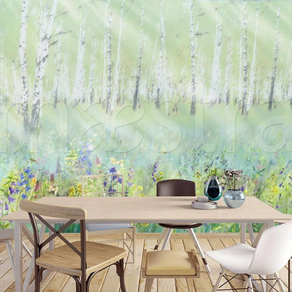 Фотообои в интерьере березы в лучах  7-517 фото