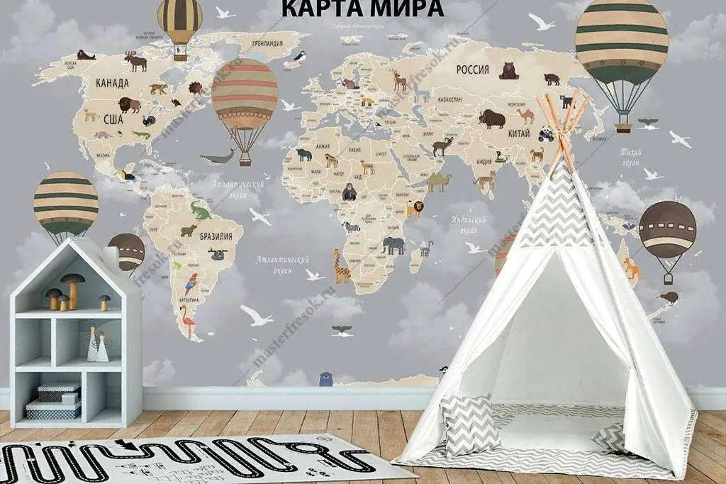 Фотообои в интерьере детская карта мира с воздушными шарами  14-059 фото