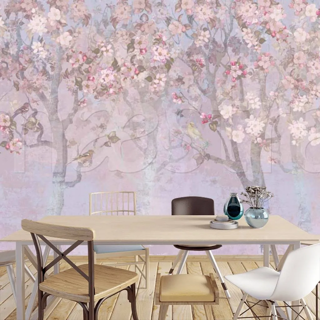 Фотообои в интерьере сад с цветущими деревьями в нежных тонах  7-533 фото