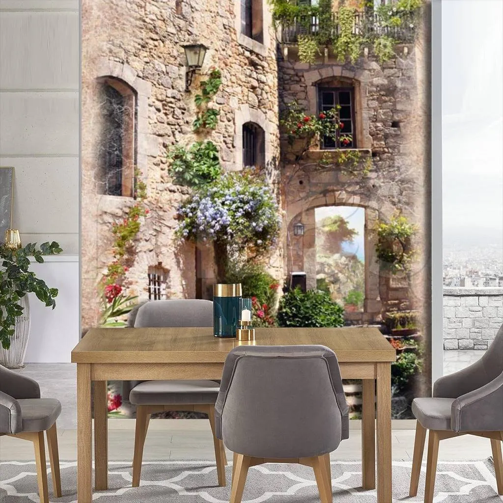 Фотообои в интерьере старинная улочка в цветах  5-070 фото