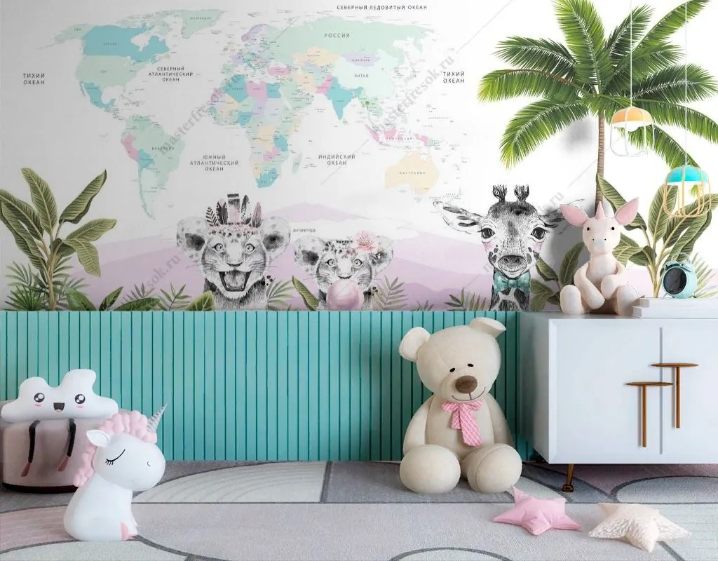 Фотообои в интерьере жираф и весёлые тигрята  14-627 фото