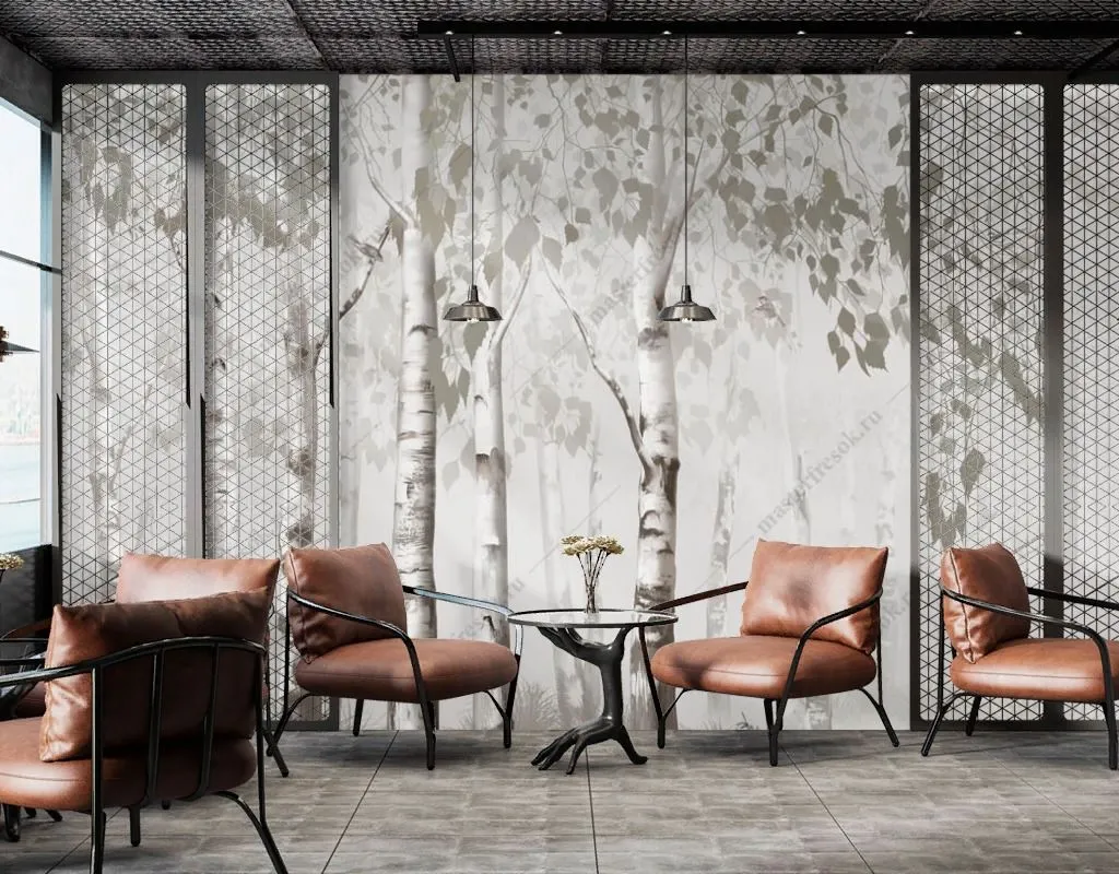 Фотообои в интерьере березовый лес серый  13-620 фото