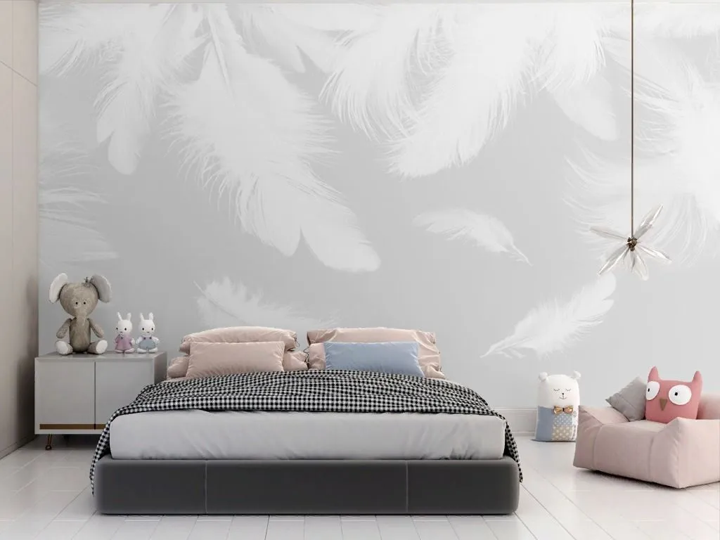 Фотообои в интерьере перья белые на сером фоне     14-780 фото