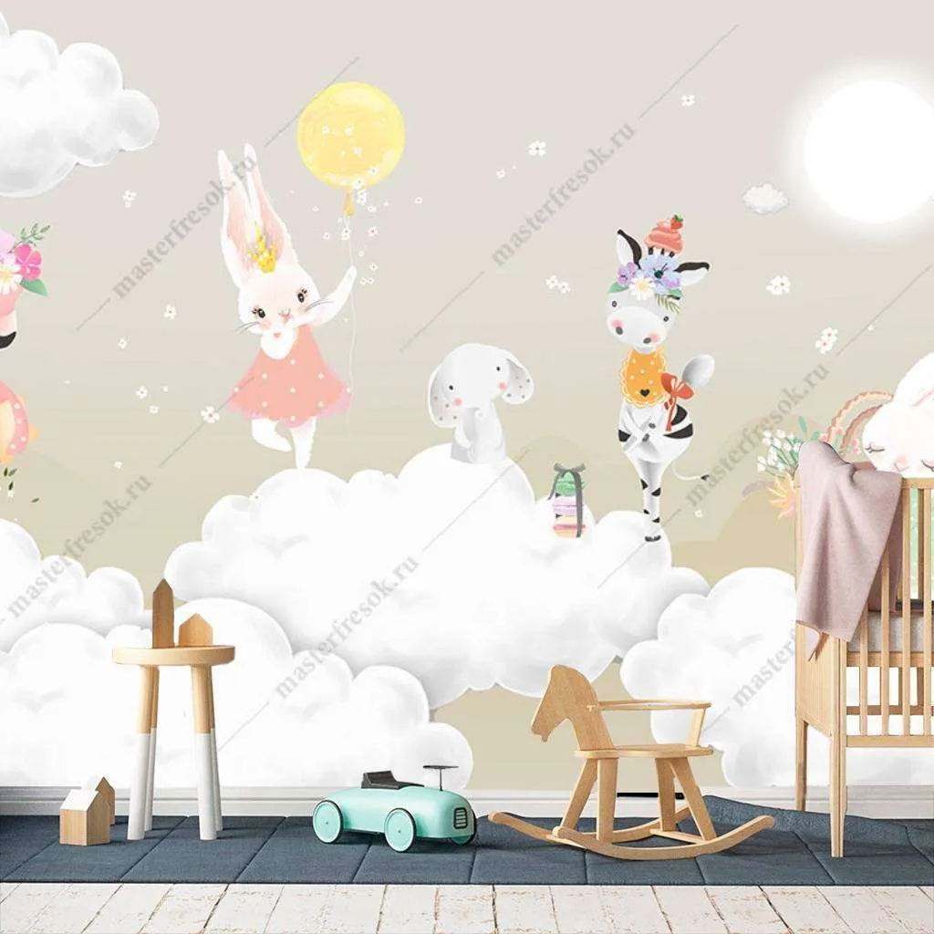 Фотообои Бесшовные обои на стену:  Зайчики в облаках. Артикул: 12-873  