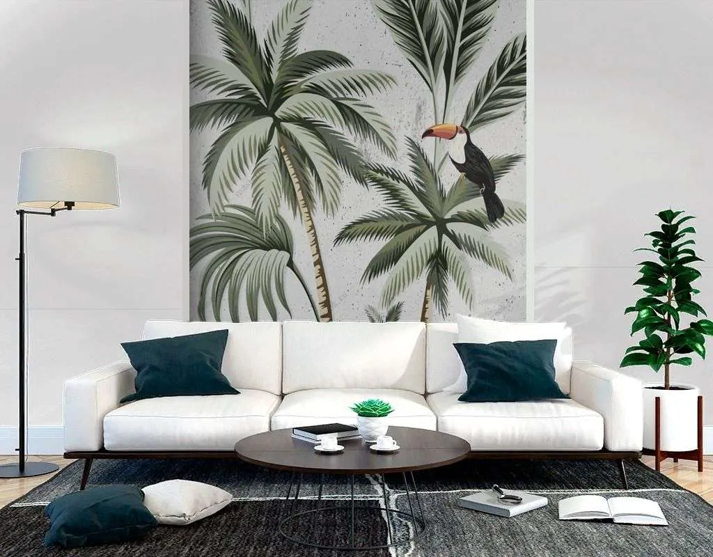 Фотообои в интерьере туканы на тропической пальме  14-551 фото
