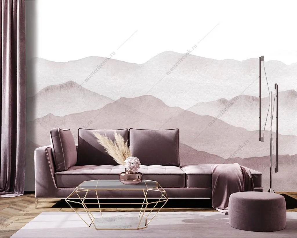 Фотообои в интерьере розовые холмы в тумане  9-1375 фото