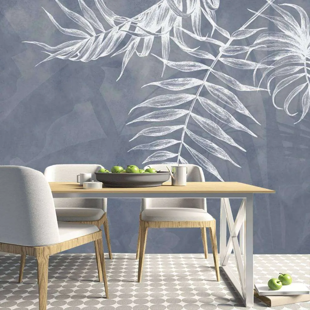 Фотообои в интерьере 3д узор белые тропические листья  15-472 фото