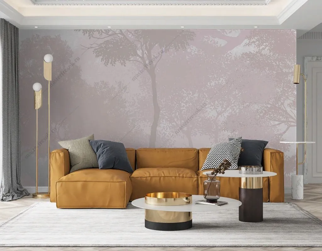 Фотообои в интерьере лес в бежевой дымке  12-1540 фото