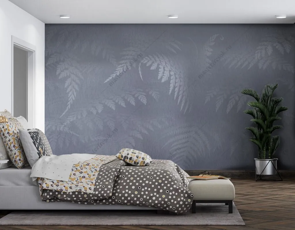 Фотообои в интерьере листья папоротника в тумане  13-467 фото