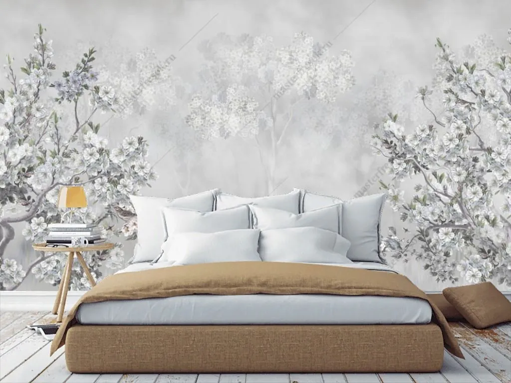 Фотообои в интерьере цветущее дерево у озера  13-356 фото