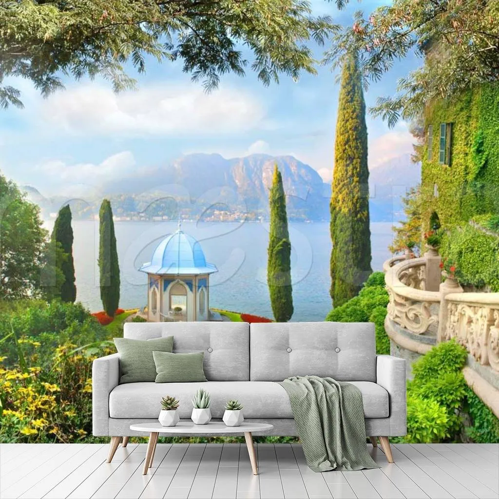 Фотообои в интерьере цветущий сад с видом на море  5-016 фото