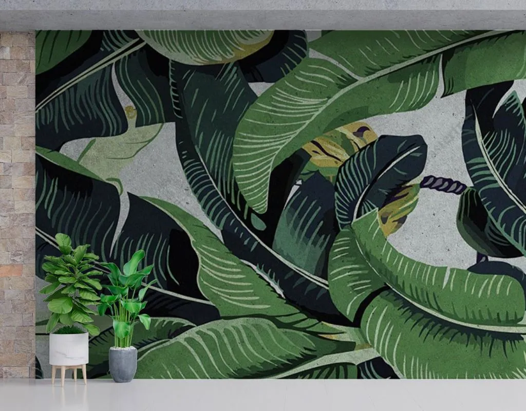 Фотообои в интерьере принт банановые листья  14-483 фото
