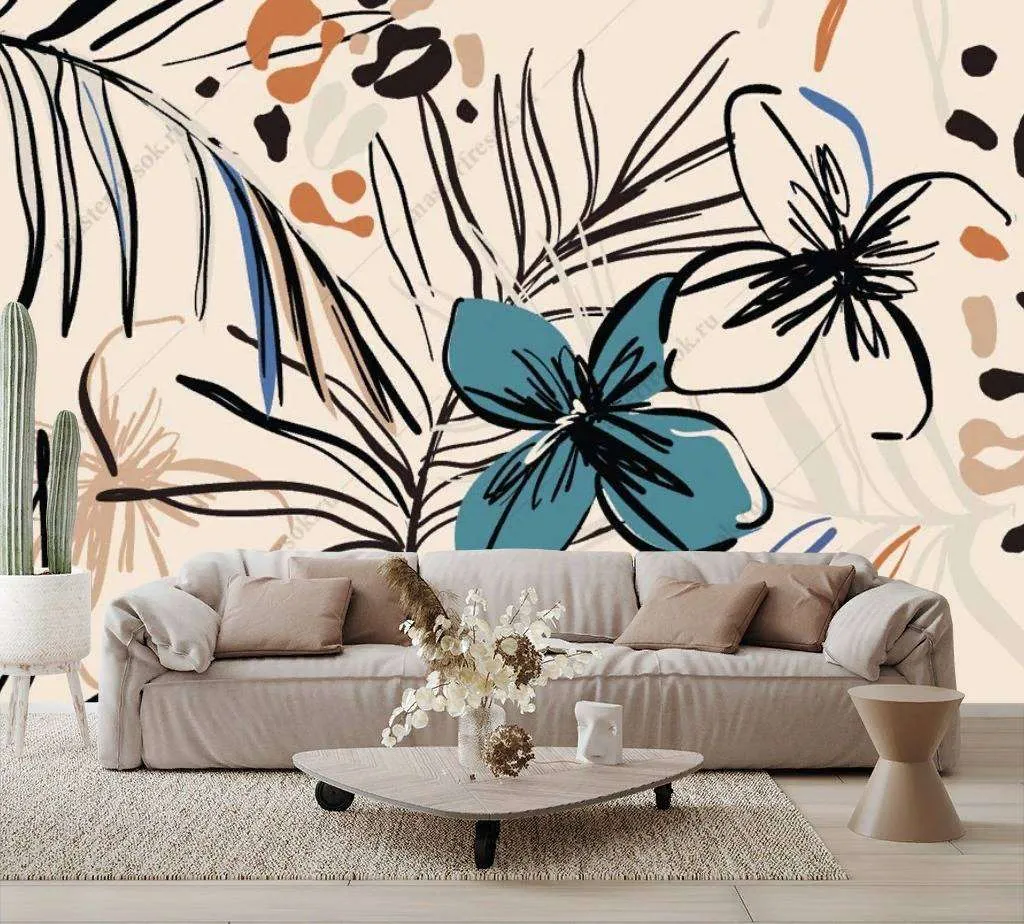 Фотообои в интерьере цветы на бежевом фоне  9-1120 фото