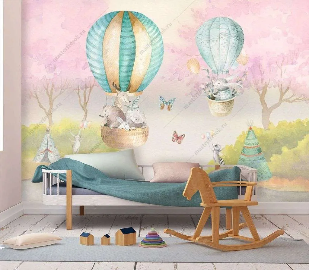 Фотообои в интерьере акварельный лес с животными на воздушных шарах  14-315 фото