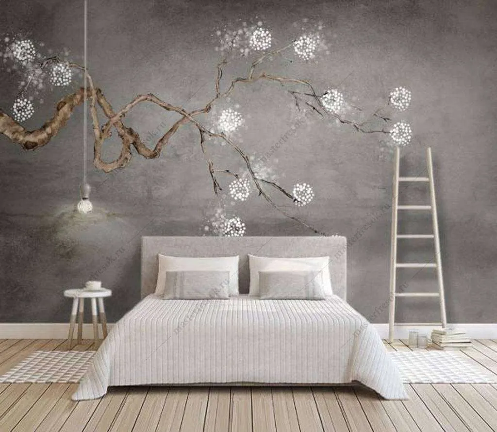 Фотообои в интерьере веточка с белыми цветами  15-897 фото