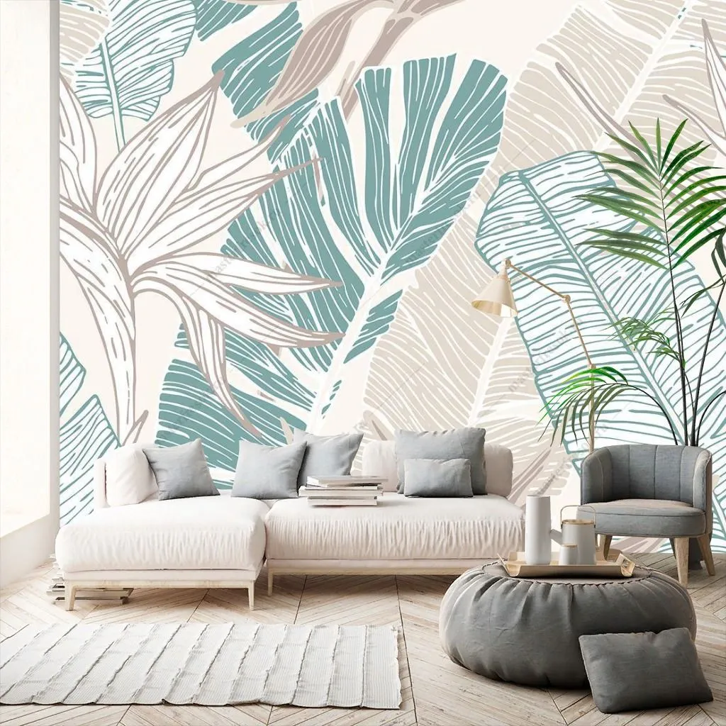 Фотообои в интерьере мятные тропические листья  9-1391 фото