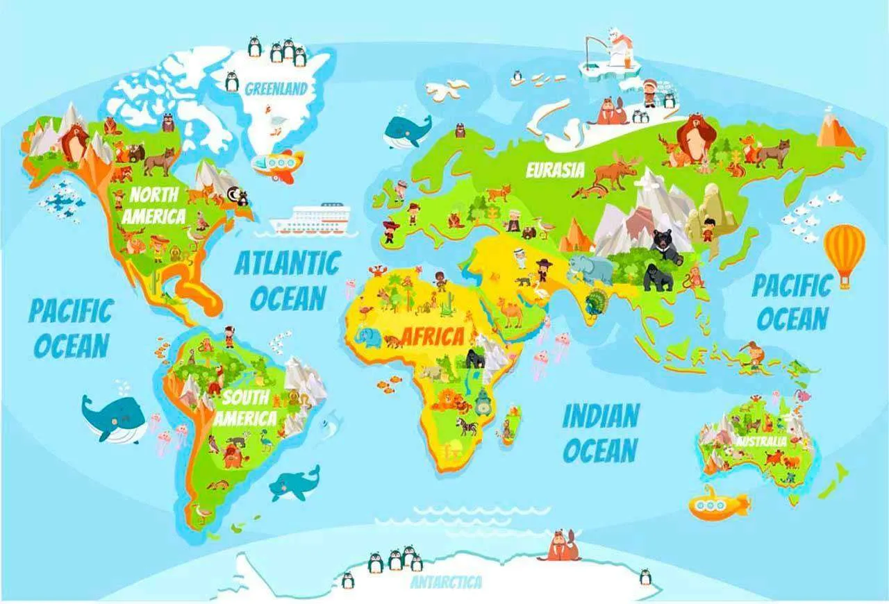 Фотообои в интерьере детская карта с животными на голубом фоне  12-398 фото