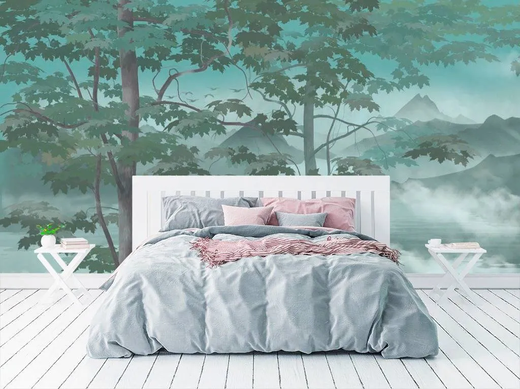 Фотообои в интерьере пейзаж туман и горы  13-289 фото