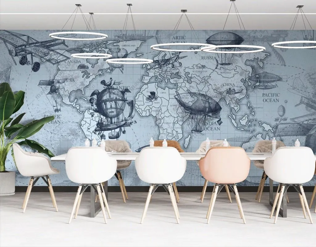 Фотообои в интерьере карта мира с летающими аппаратами  9-1697 фото