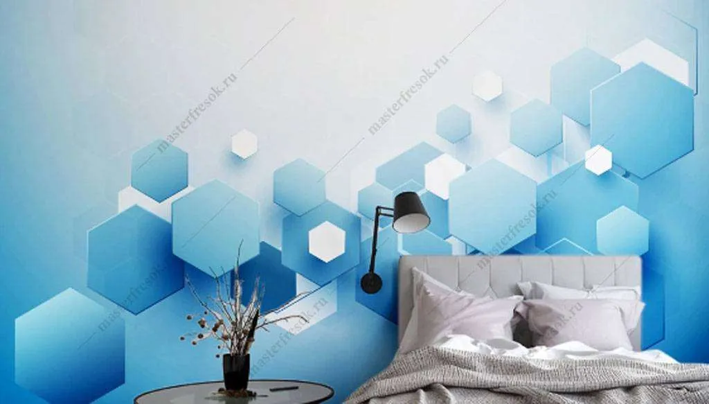 Фотообои в интерьере голубой шестиугольник  15-828 фото