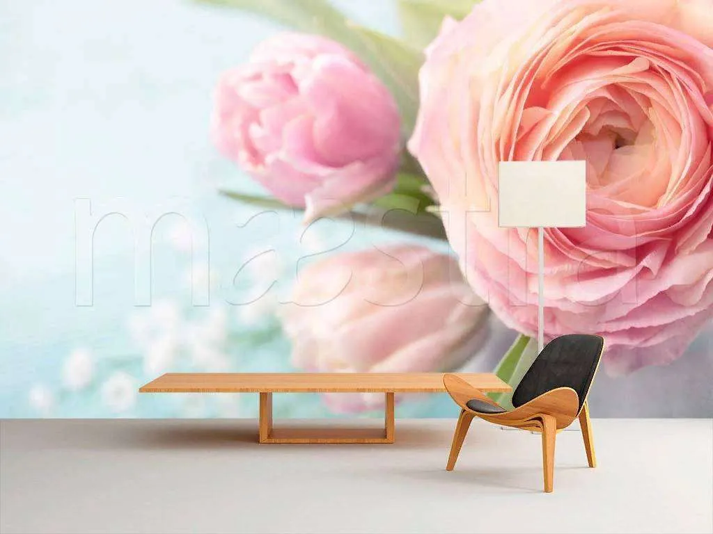 Фотообои в интерьере розовое на голубом  9-100 фото