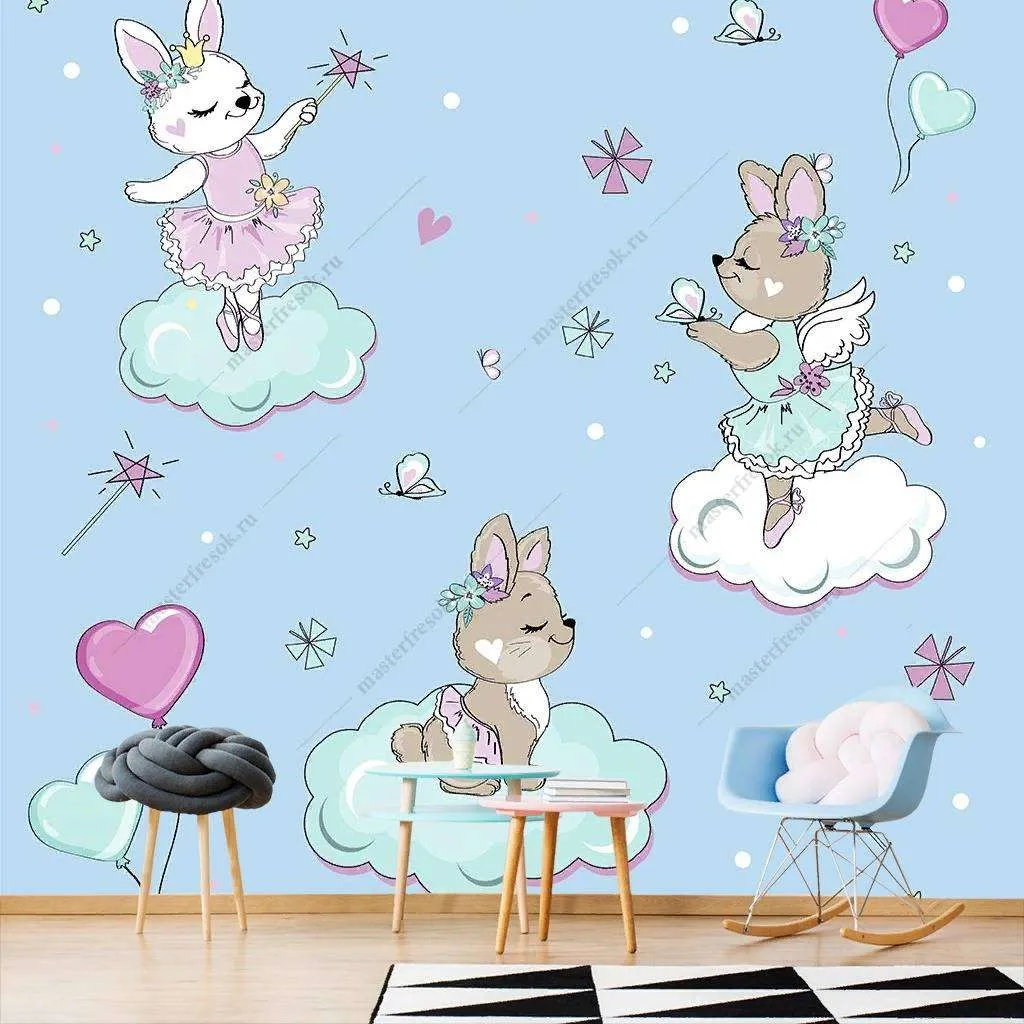 Фотообои в интерьере зверята на облаках на голубом фоне  12-418 фото