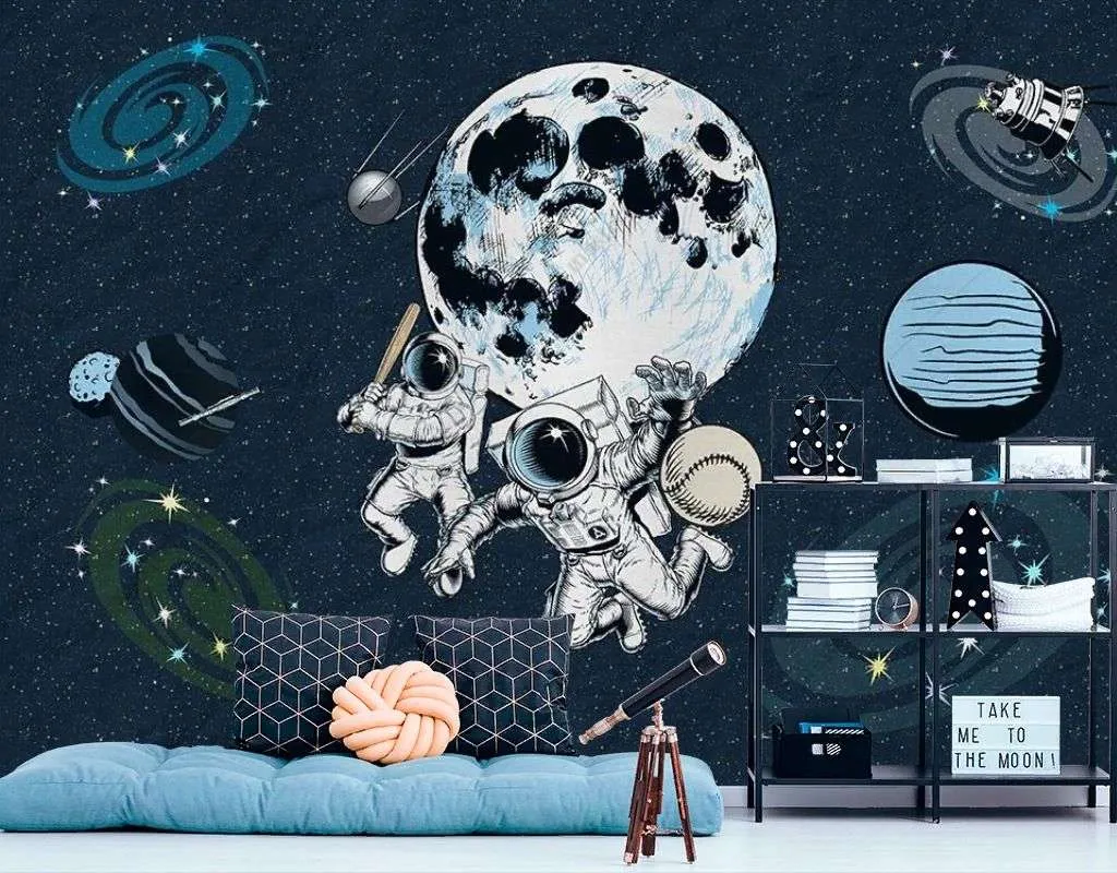 Фотообои в интерьере в детскую: космонавты-бейсболисты.   14-739 фото