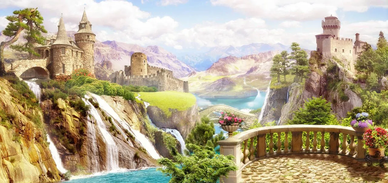 Фотообои в интерьере балкон с видом на ущелье и замок  19-0044 фото