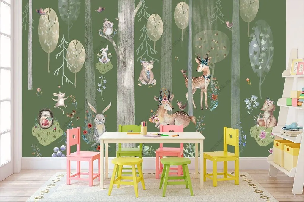 Фотообои Зеленый лес с животными  12-1296