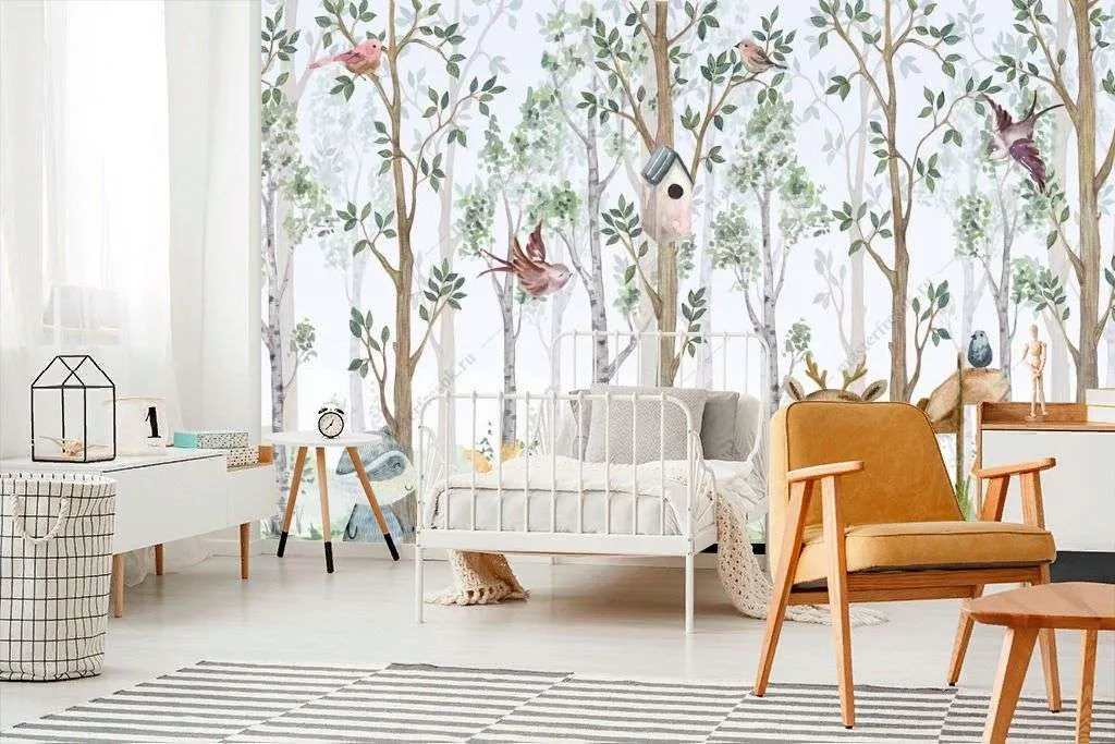 Фотообои в интерьере лесные животные акварелью  12-1313 фото