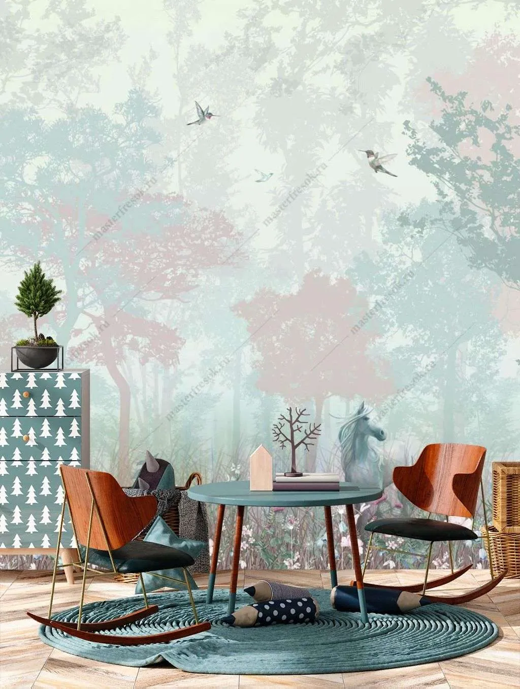 Фотообои в интерьере лошадка в туманном лесу  12-1314 фото