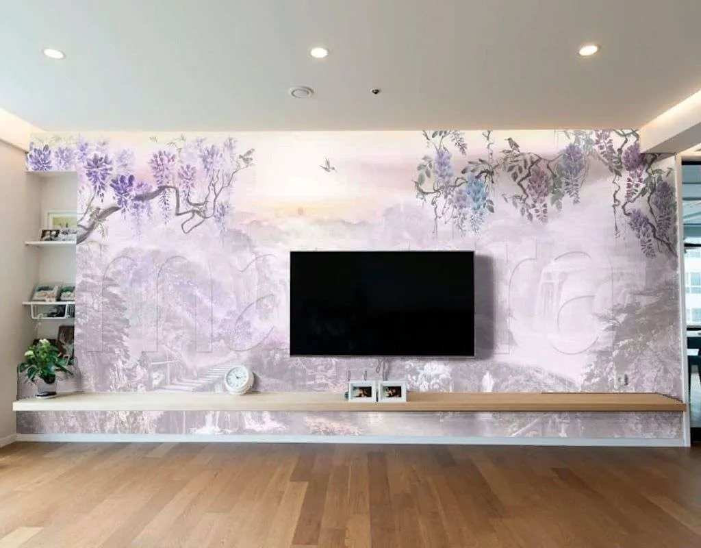 Фотообои в интерьере дерево в фиолетовом тумане  7-413 фото