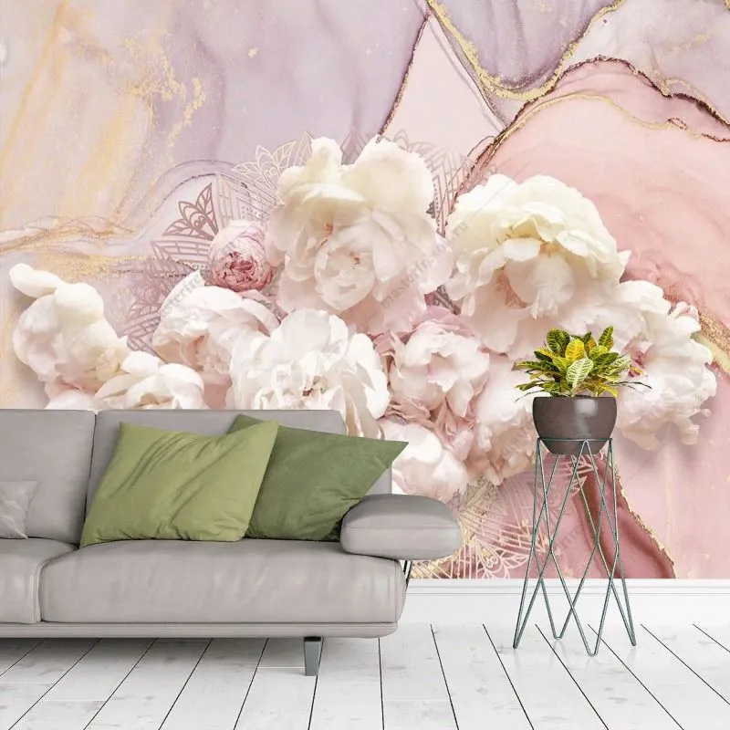 Фотообои в интерьере розовые пионы на мраморе    9-1888 фото
