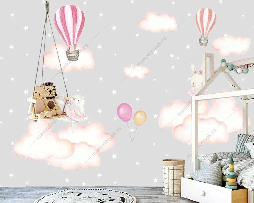 Фотообои в интерьере зайчики на воздушных облаках  12-1193 фото