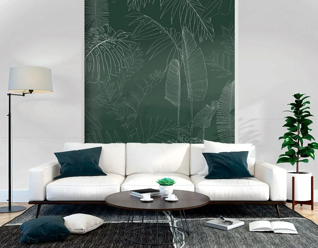 Фотообои в интерьере тонкие лепестки на зеленом фоне  9-2087 фото