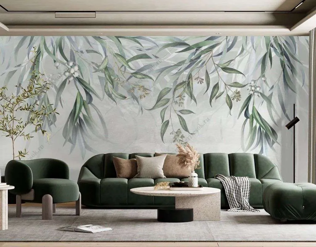 Фотообои в интерьере зеленые листья сверху  13-507 фото