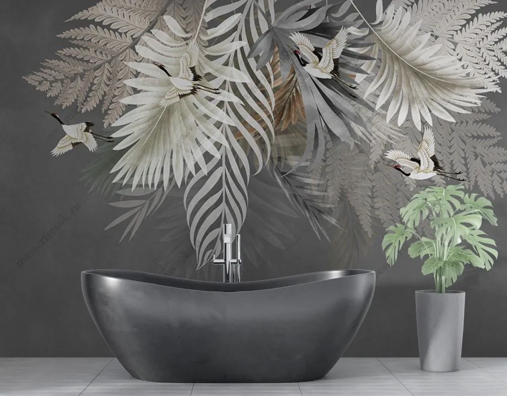 Фотообои в интерьере пальмовые листья на сером фоне  9-1620 фото