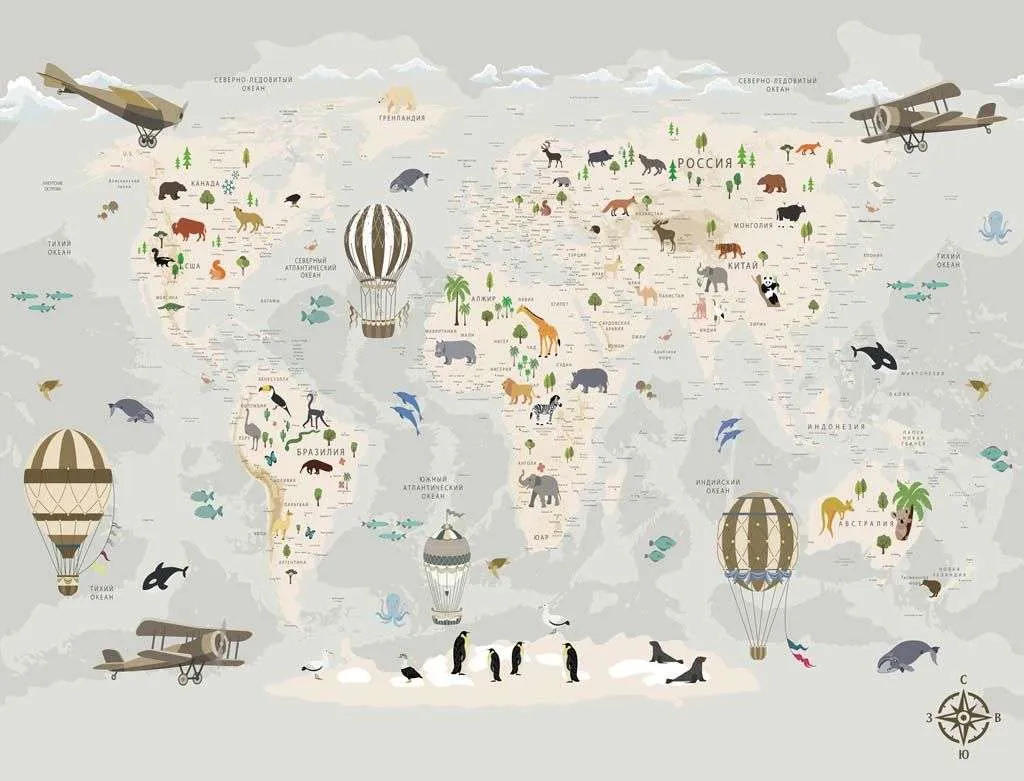 Фотообои в интерьере карта мира с морскими жителями  12-1187 фото