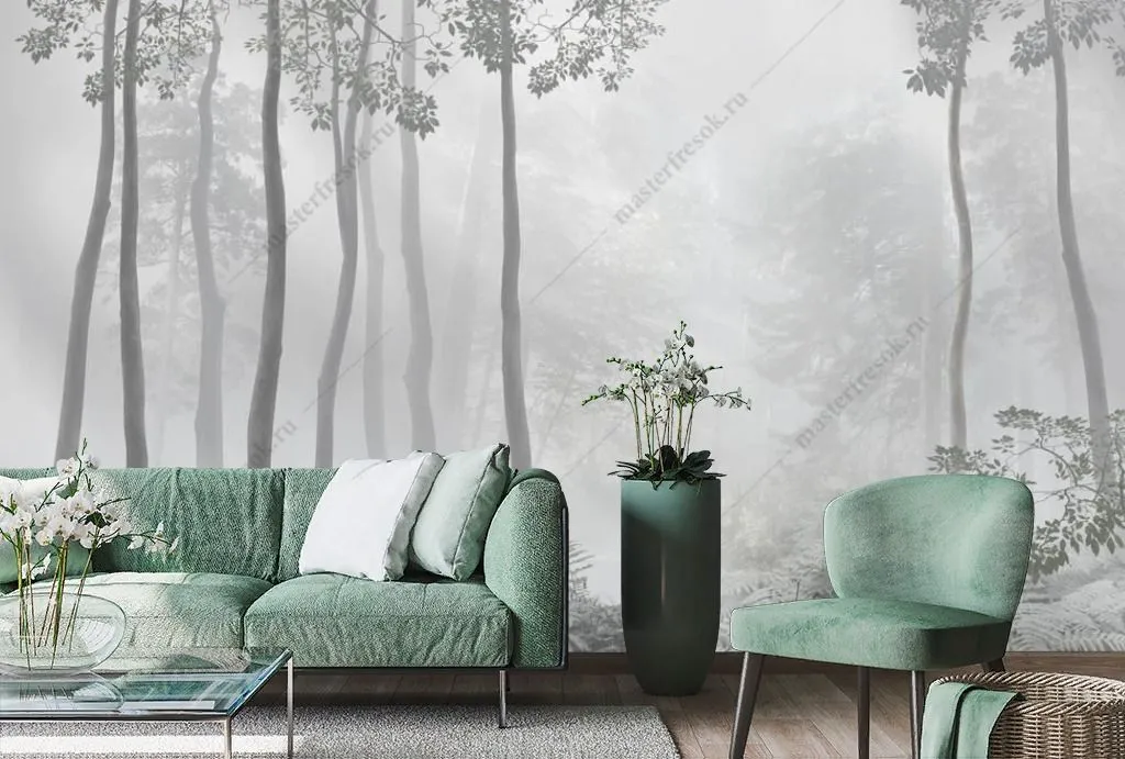 Фотообои в интерьере деревья в тумане  13-352 фото