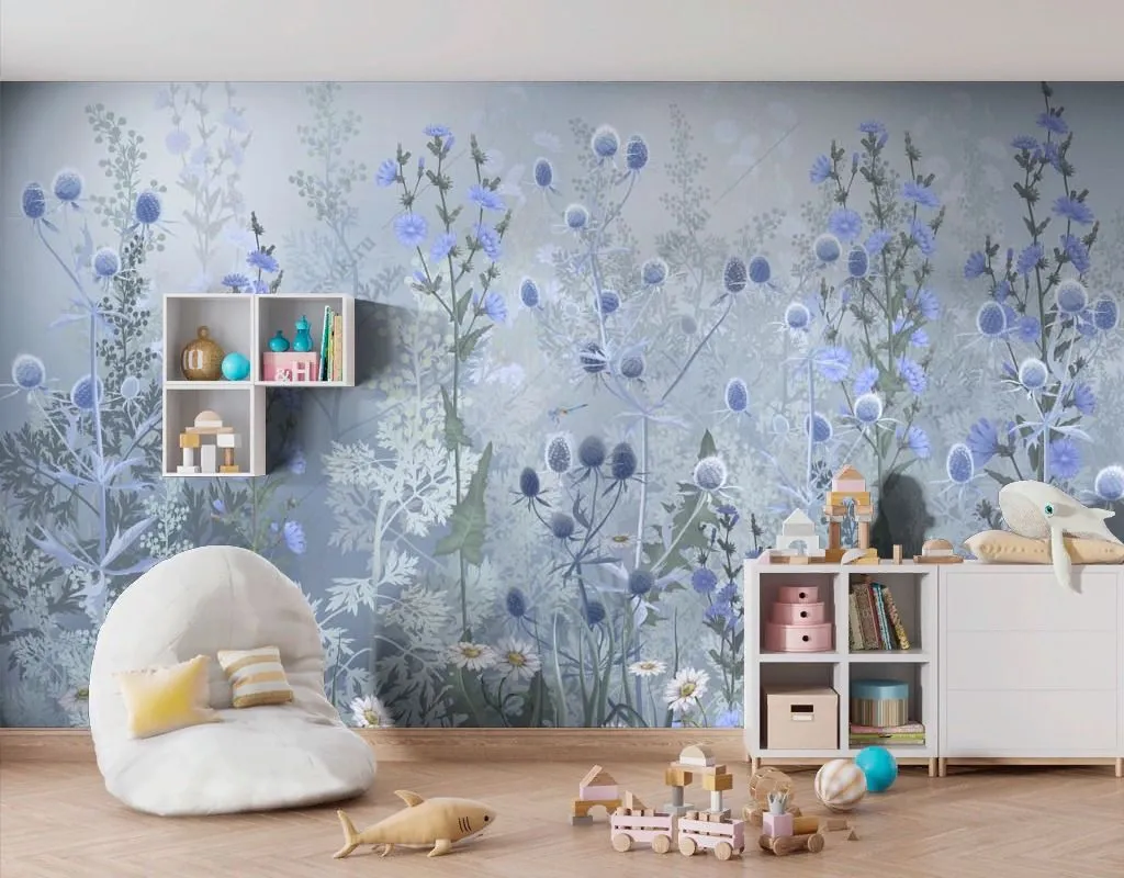 Фотообои в интерьере полевые цветы синие  13-615 фото