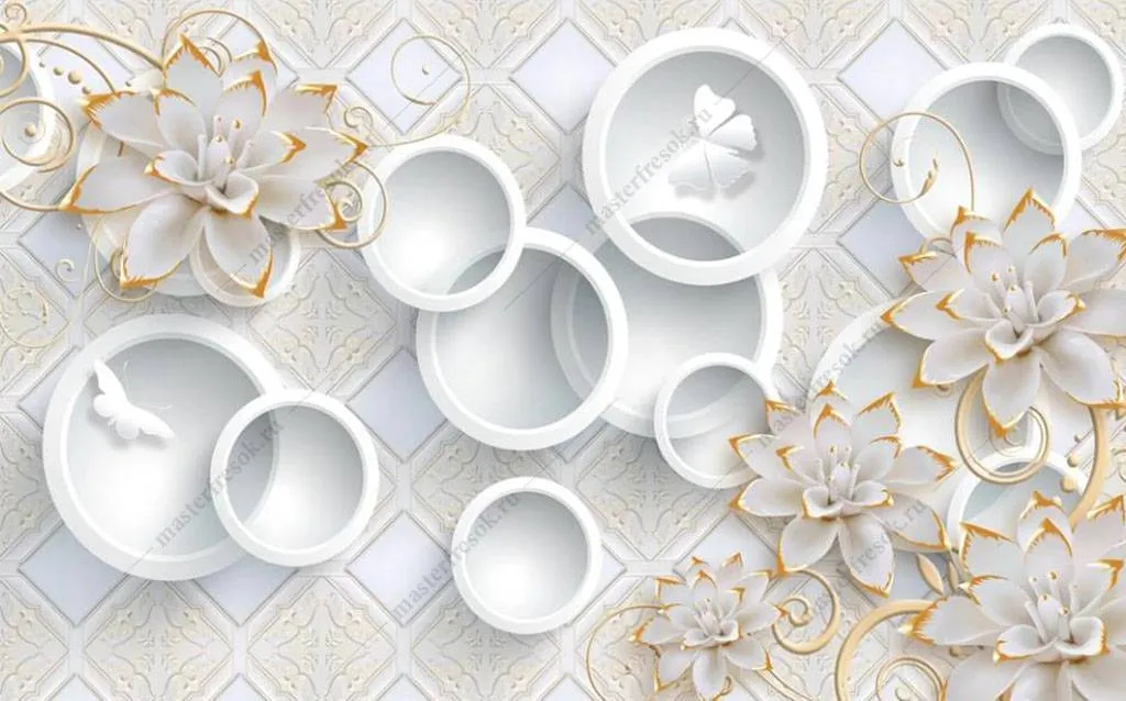 Фотообои в интерьере цветы 3д в круге  16-190 фото