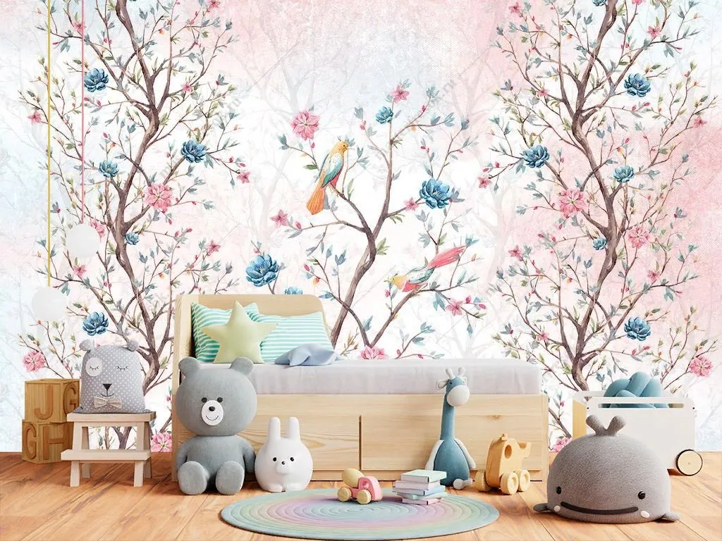 Фотообои в интерьере птицы на цветущем дереве  14-474 фото