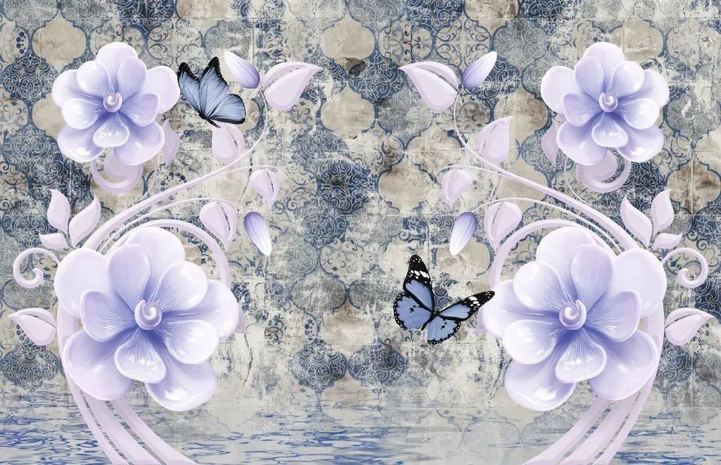 Фотообои в интерьере 3д цветы на синем фоне  10-909 фото