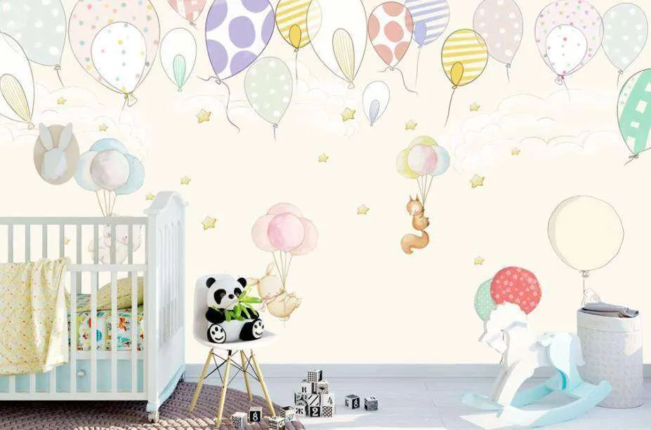 Фотообои в интерьере воздушные шарики и милые животные  15-297 фото